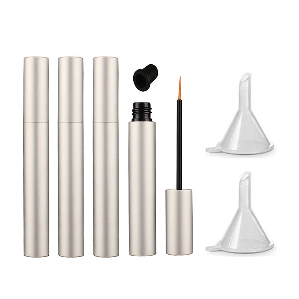 Lasenersm 4 piezas 5ml Aluminio Empty Eyeliner Tubos Refillable Eyelash Growth Liquid Bottle Plastic Eyeliner Vials Tube with Brush Eyelash Growth Oil Mascara Tube with 2 Mini Funnels, Matte-Silver