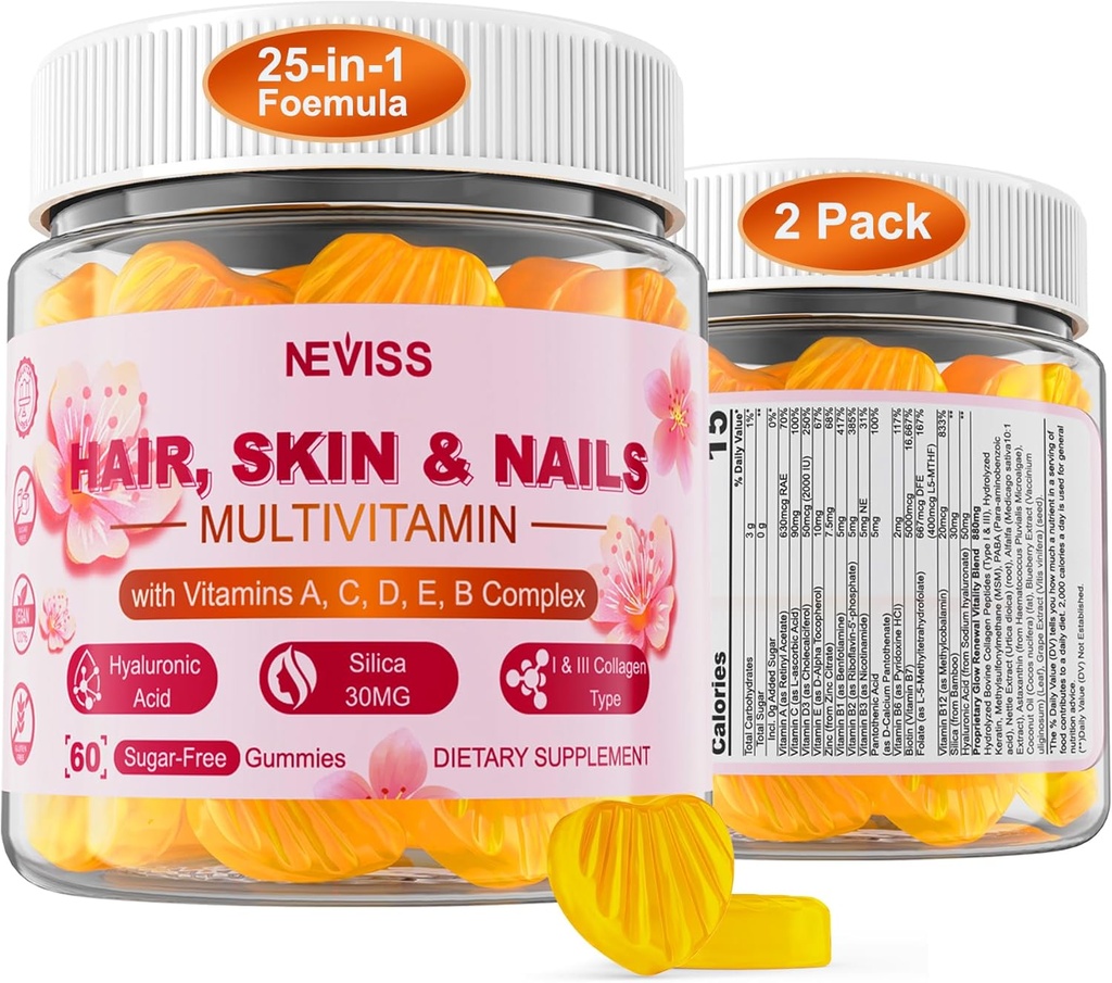 Multivitamina gratis de azúcar para mujeres Gummies con Biotina 5000mcg, Collagen MSM Ácido hialurónico, Vitamina A C D3 E &amp; B Complejo y Folato de metil &amp; B12, Multi vitaminas orgánicas para uñas de piel de pelo, energía
