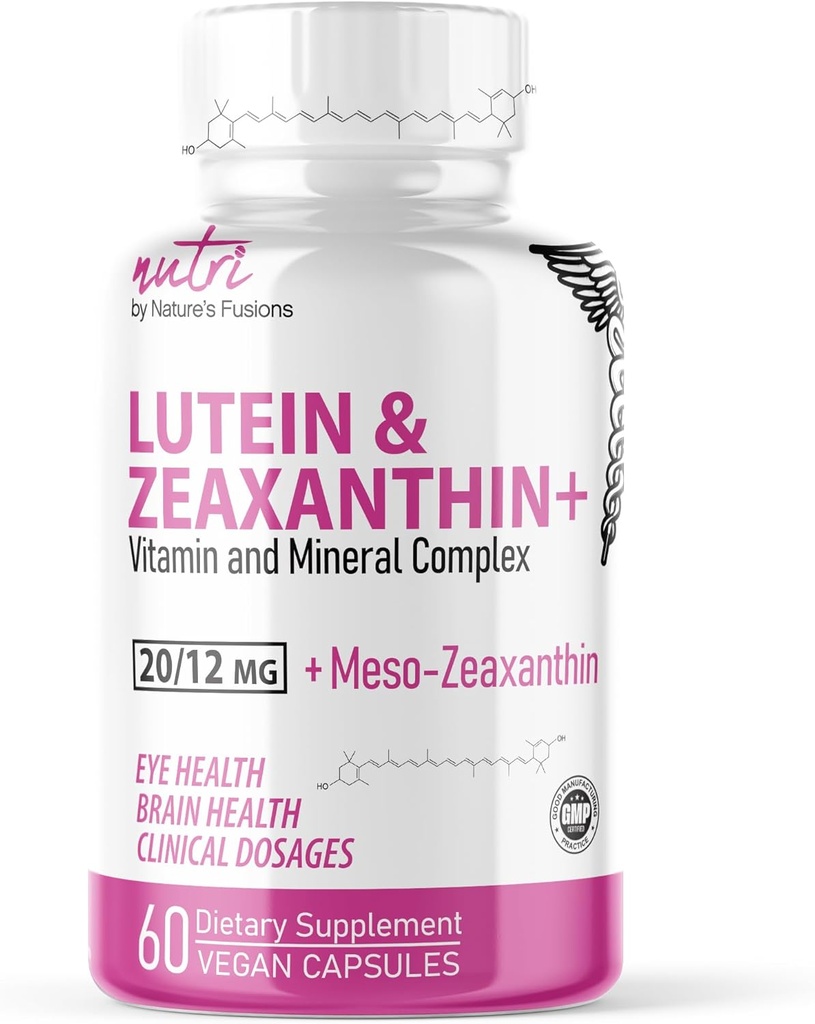 Fusiones de la naturaleza Nutri Lutein 20mg Complejo de vitaminas del ojo - Triple Carotenoide Fórmula - Lutein y Zeaxanthin - Contiene zinc, vitaminas A,C,D3,E, Folate - 60 cápsulas - Suplementos de salud del ojo