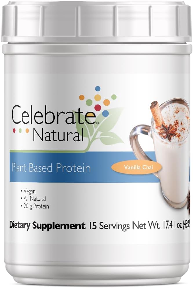 Celebrate Vitamins Vegan Protein Powder - All Natural Plant Based Protein Shake Mix - 20g Pea Protein & 3g Fiber, for Post-Bariatric Surgery - Vanilla Chai (15 Servings)