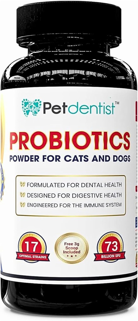 Probióticos para perros y gatos 17 Strains Bacteriales 73 Billones CFUs Suplementos de Polvo para perros Cuidado dental Salud mal aliento Digestión de perros Cuna e inmunidad Soporte -90g