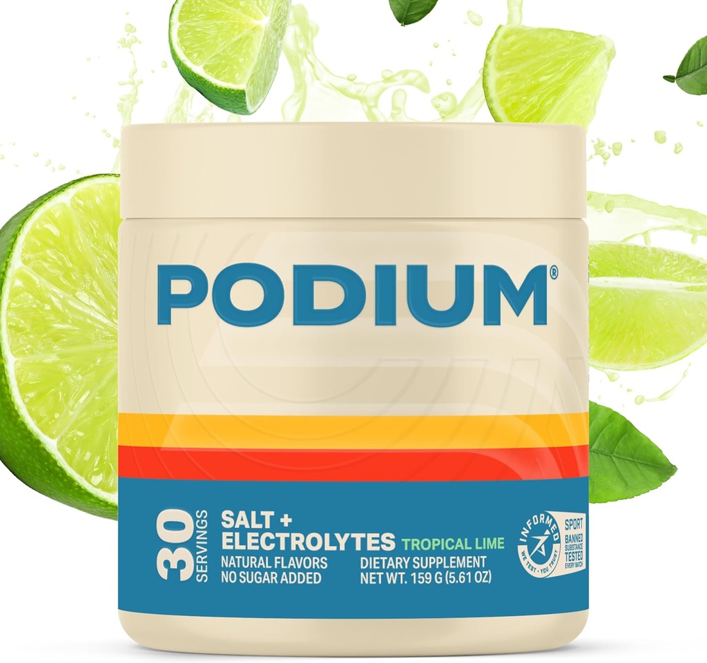Podium Nutrition Training Salt + Electrolytes Powder, Tropical Lime, Post Workout Hydration &amp; Muscle Recovery Support, Electrolyte Drink, Magnesium, Potassium,Calcium, Sodium Salts, 30 Servings