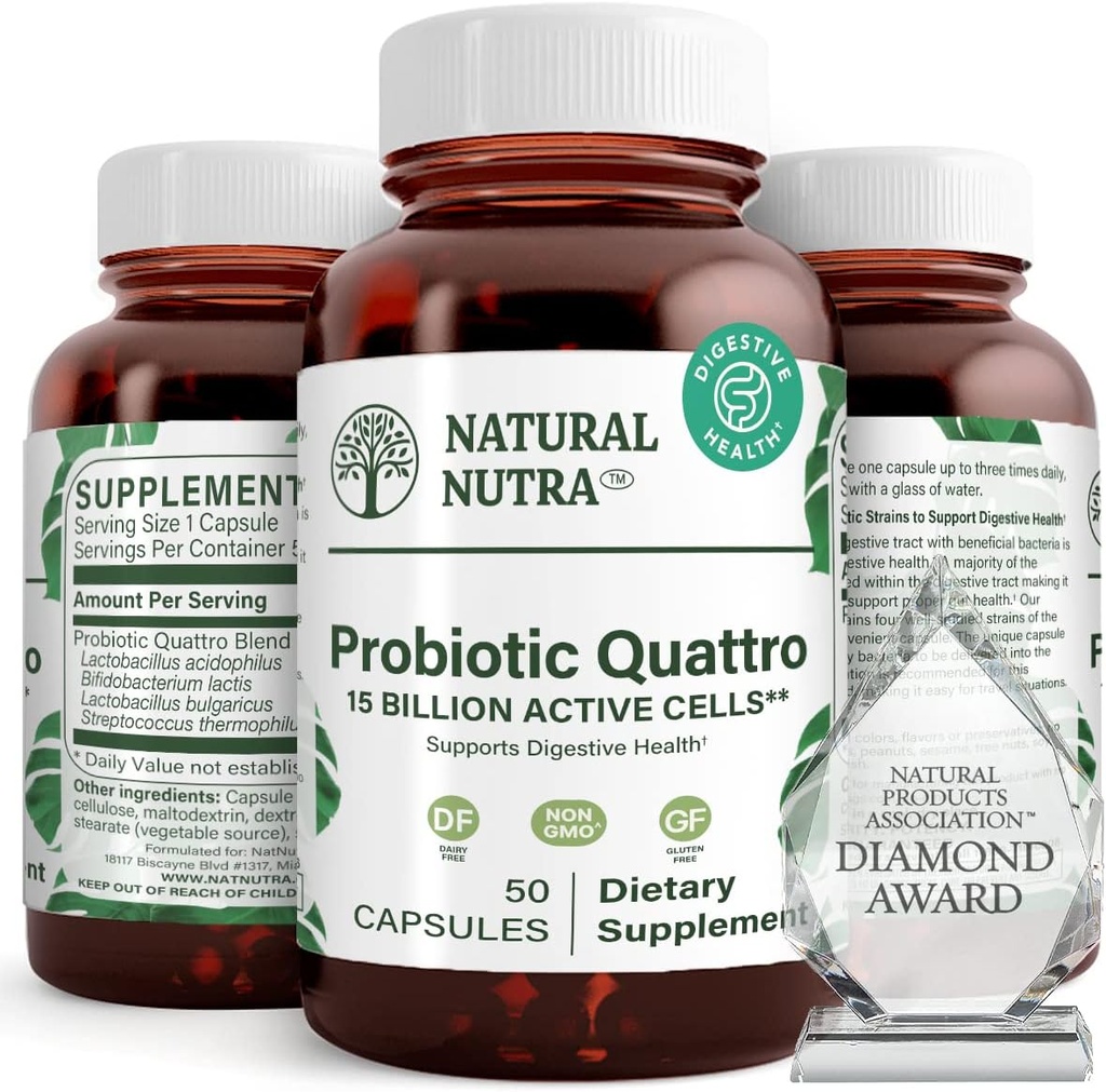 Natural Nutra Probiotic Quattro – Advanced Probiotic Supplement with 4 Powerful Strains Including Lactobacillus Acidophilus, Bifidus – Supports Digestive and Immune Health – 50 Vegetarian Capsules