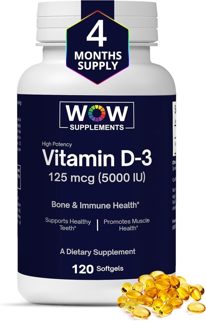 WOW Suplementos Vitamina D3 5000 UI Softgels, 125 mcg - Vitamina D3 5000IU Suplemento para Huesos Fuertes y Soporte Inmunitario - No GMO, Gluten Free Vitamin D 5000 UI - VIT D3 5000 U Softgels - 120 Conde