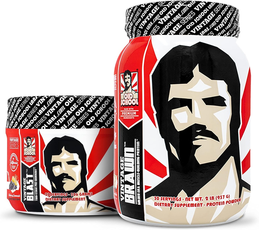 Antiguos laboratorios escolares Blast Vintage (Pre Workout) + Brawn Vintage (Muscle Building Protein)