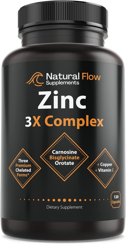 Complejo de suplemento de zinc con cobre y vitamina C - Flujo natural 3X Zinc Carnosina, Chelato Bisglycinate y Orotate, Cobre Zinc Chelated, Fácil en el estómago, Skin e Immune Support, 120 cápsulas