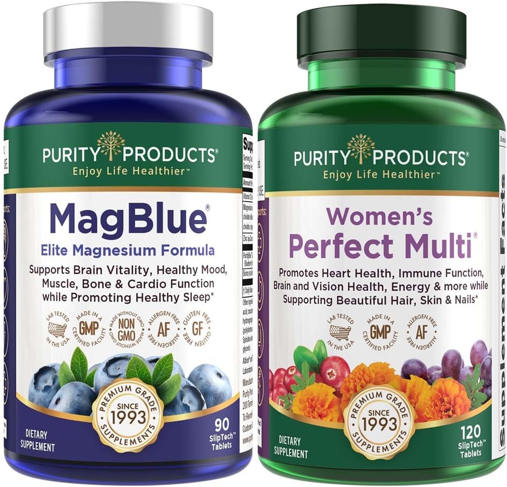 Purity Products Bundle - MagBlue + Mujer Perfect Multi - MagBlue (Magnesium Bisglycinate + Vitamina D3 +Más) - Mujeres Perfect Multi - Soportes Urinary Tract Health, Immunity, Hair Skin Nails +Más