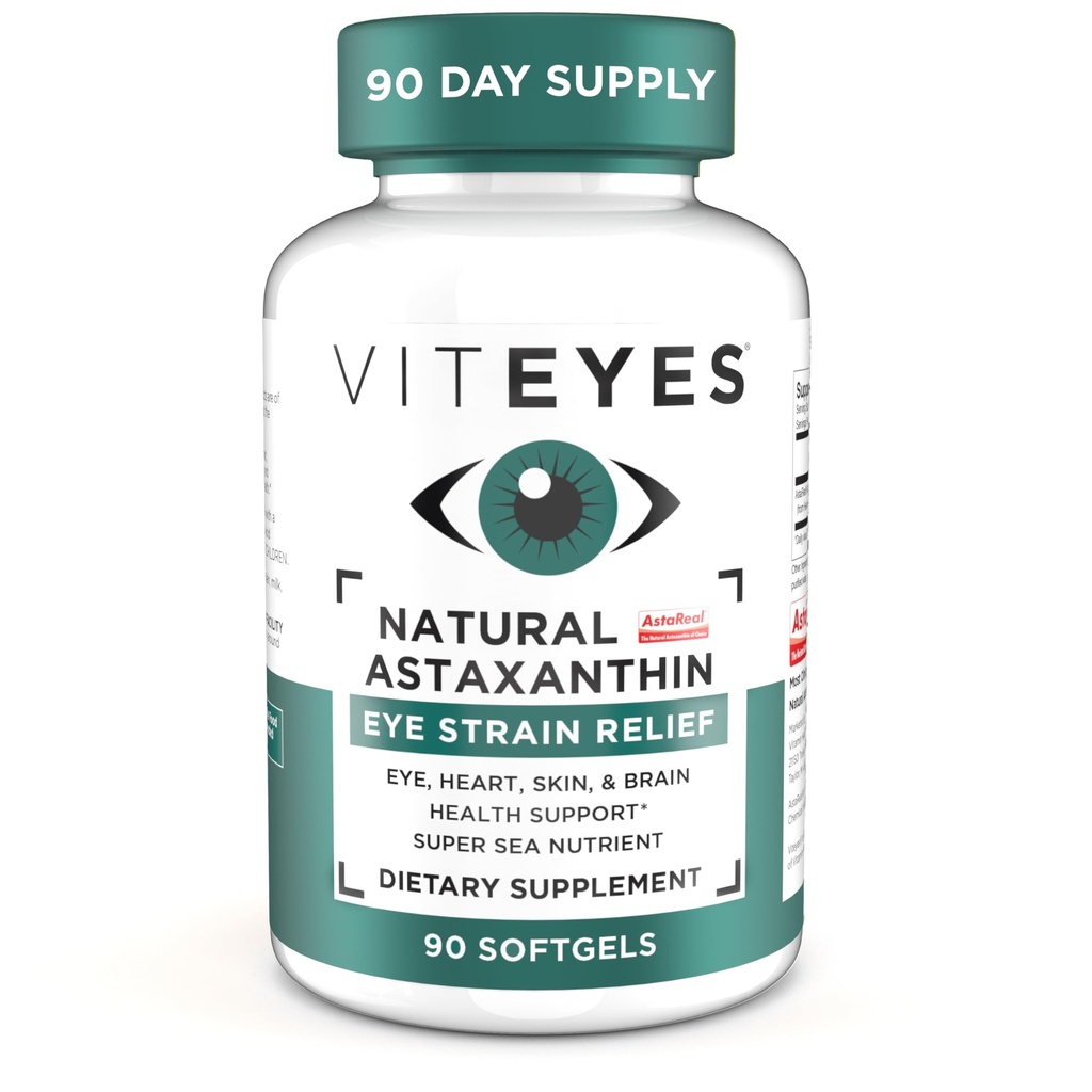 Viteyes Natural Astaxanthin, Relieve Tired Eyes & Eye Strain, proveniente de Alga, Hidratación de la piel, Corazón & Cerebro Salud, 4 a 8 mg Astaxanthin Natural, 90 Softgels