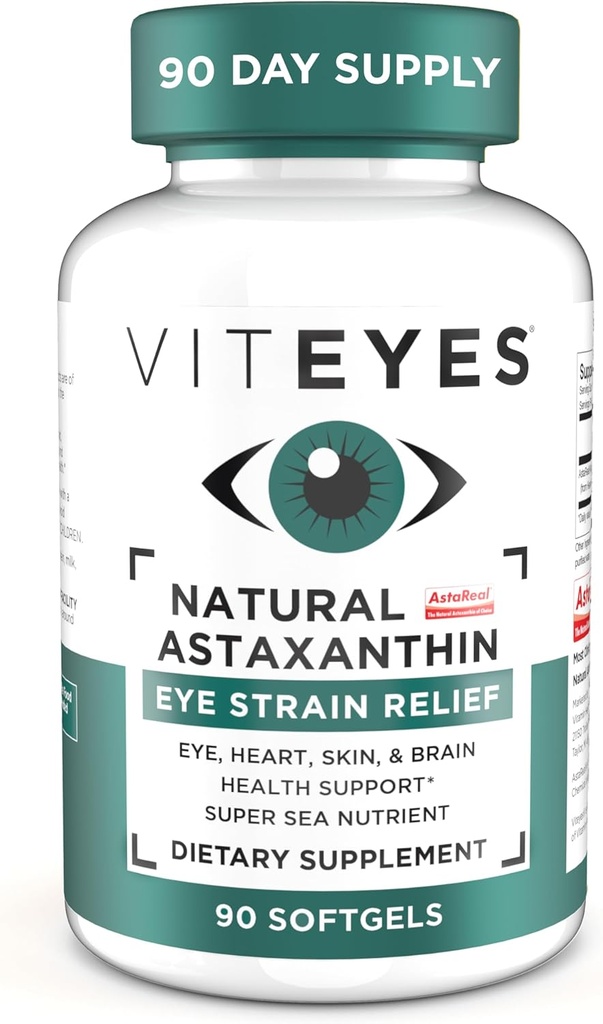 Viteyes Natural Astaxanthin, Relieve Tired Eyes & Eye Strain, proveniente de Alga, Hidratación de la piel, Corazón & Cerebro Salud, 4 a 8 mg Astaxanthin Natural, 90 Softgels