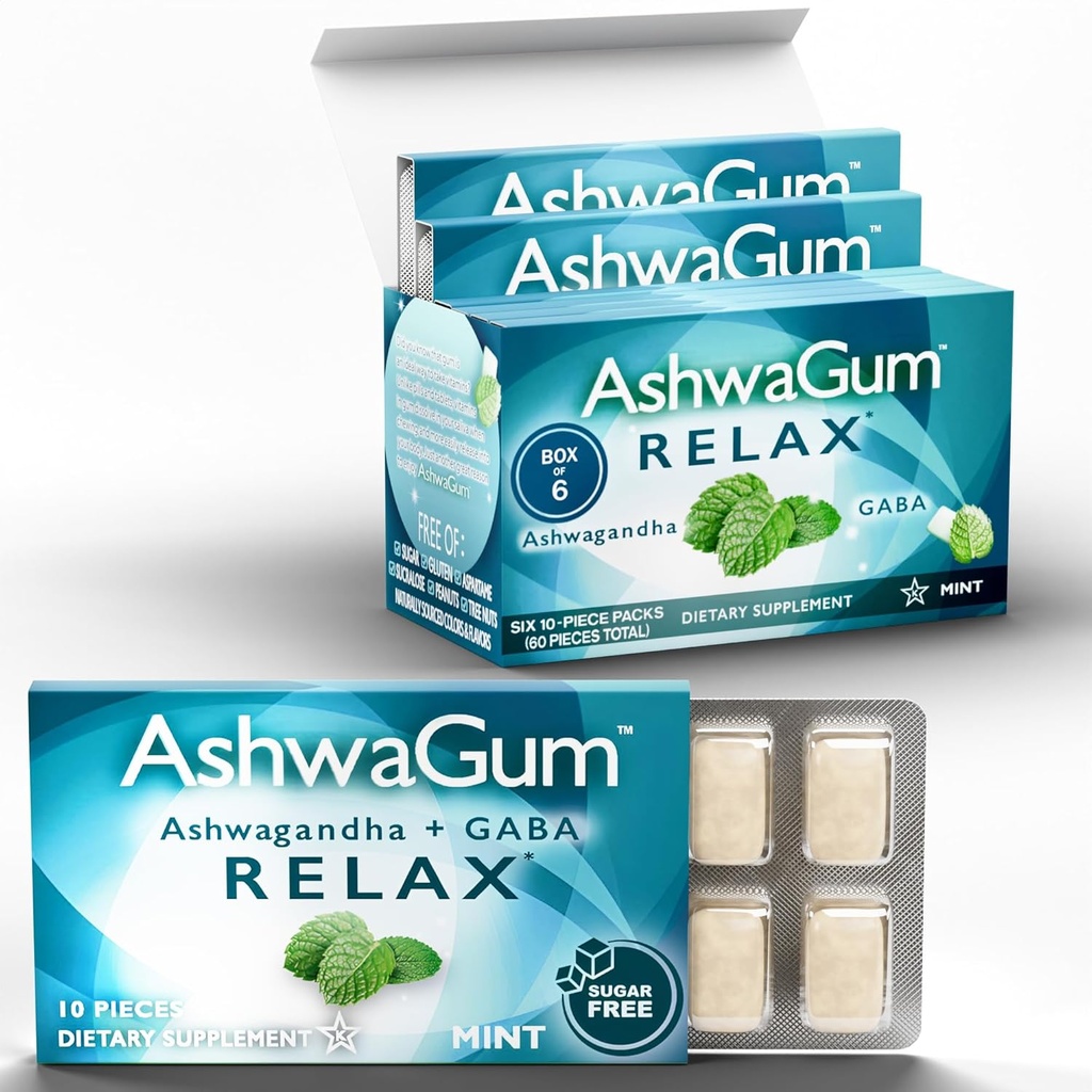 AshwaGum RELAX Gum by BetterGum, High Potency Supplement with KSM 66 Ashwagandha and Gaba, Supports Stress and Anxiety Relief, Cortisol Support, Alternative to Gummies, Sugar-Free, 10 piezas - 6 Pack