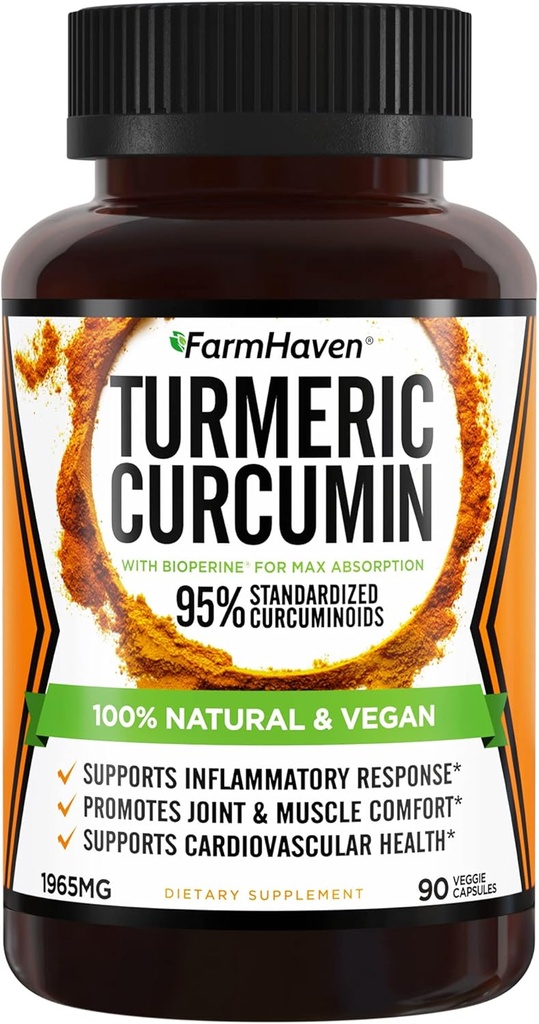 Curcumina Turmérica con BioPerine Black Pepper & 95% Curcuminoids, 1965mg, Absorción Máxima para Soporte Conjunto, Capsules Turméricos no GMO, Made in USA - 90 Veg Caps