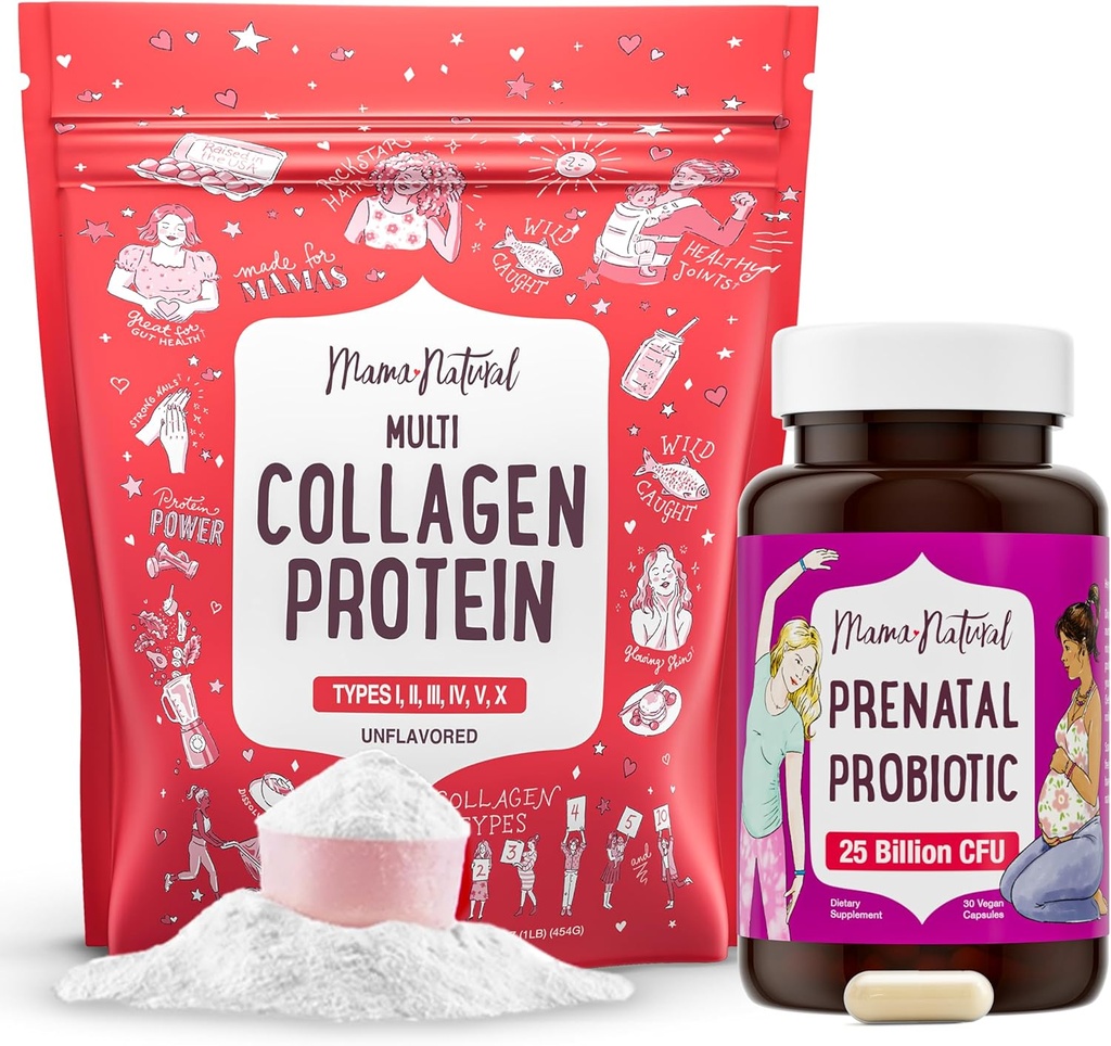 Mama Natural Prenatal Probiótico &amp; Multi Collagen Protein Bundle - 25 Billion CFU & 11g hidrolizado péptidos colágeno para el embarazo, el cabello, la piel, uñas " Digestive Health Support