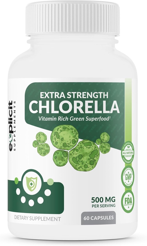 eXplicit Suplementos Extra Strength Chlorella Superfood Capsules Broken Cell Wall High Potency Vegan Super Food, 1000mg Daily - 60 cápsulas
