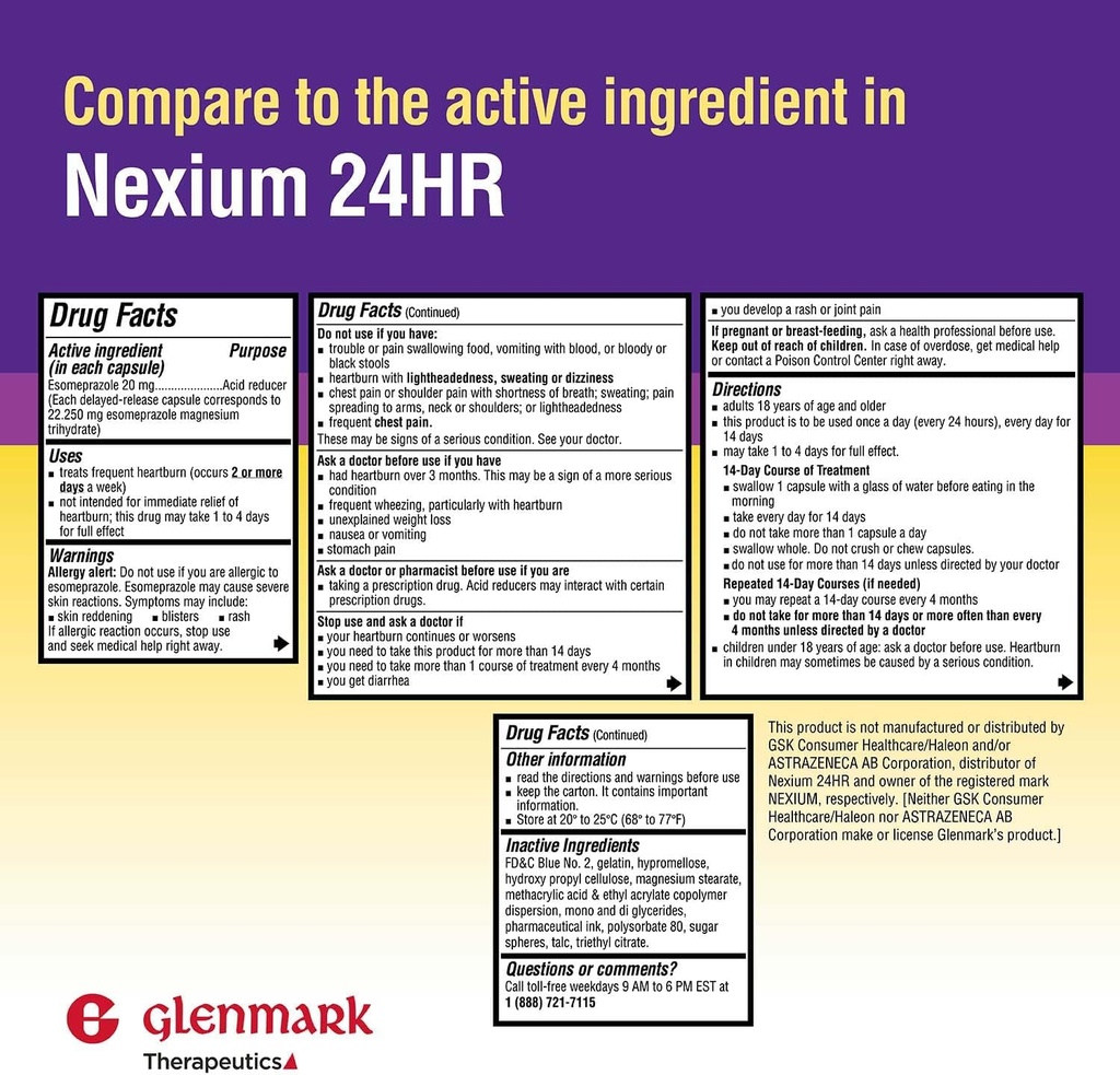 Terapéutica de Glenmark Esomeprazole Magnesio USP 20mg, cápsulas de liberación retrasada, trucos frecuentes acidez de corazón, 42 cápsulas