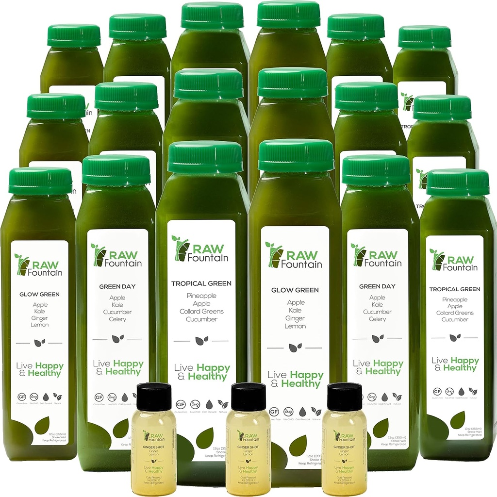 7 Day Green Juice Cleanse by Raw Fountain, All Natural Raw, Vegan Detox, Cold Pressed Juice, 42 Bottles 12oz, 3 Ginger Shots