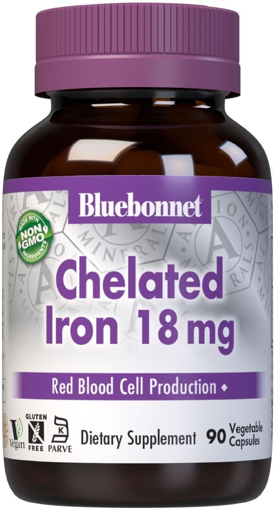Bluebonnet Nutrition Chelated Iron 18 mg - non-constipating Iron - Soy-Free, Gluten-Free, Non-GMO, Kosher Certified, Dairy-Free, Vegan - 90 Vegetable Capsules, 90 Serviciones