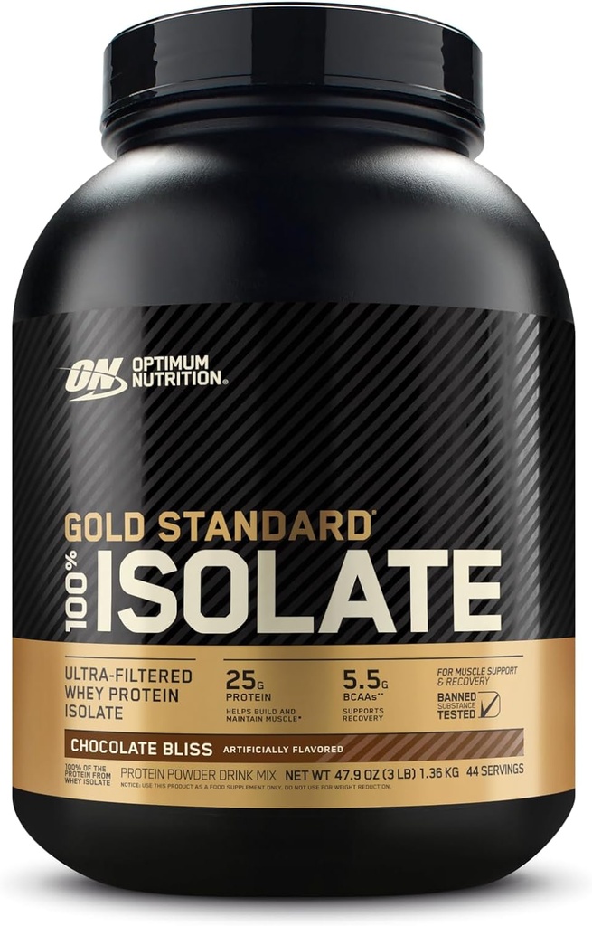Optimum Nutrition Gold Standard 100% Isolate, Protein Powder, Chocolate Bliss, 3 libras, 44 servidos. Whey Protein Isolate (Packaging May Vary)