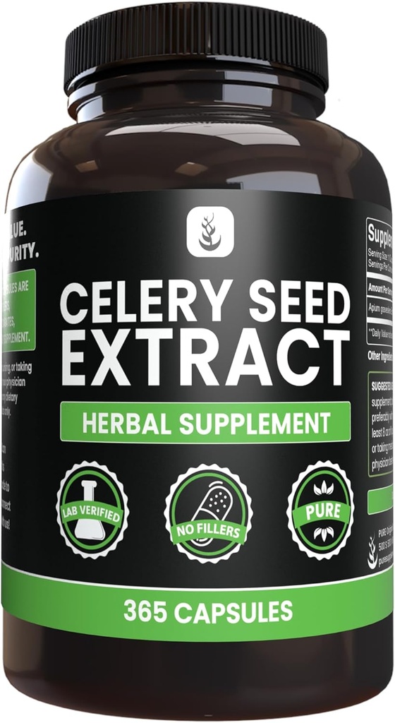 PURE ORIGINAL INGREDIENTES Celery Seed Extract, (365 capsules), No Magnesio Or Rice Fillers, Siempre Puro, Lab Verified