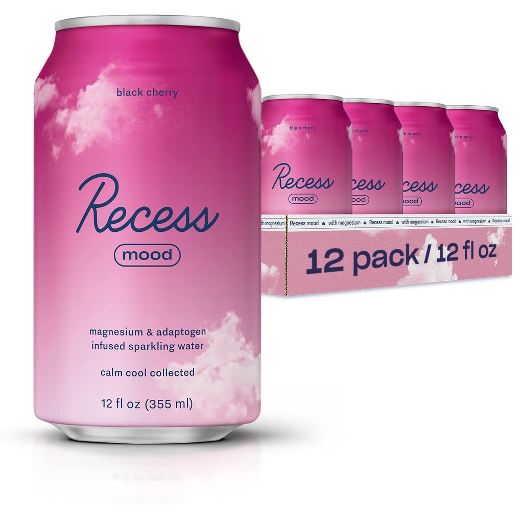 Recess Mood Magnesium " Adaptogen Drink, Relax Beverage, 12 onzas (Black Cherry, 12 pack)