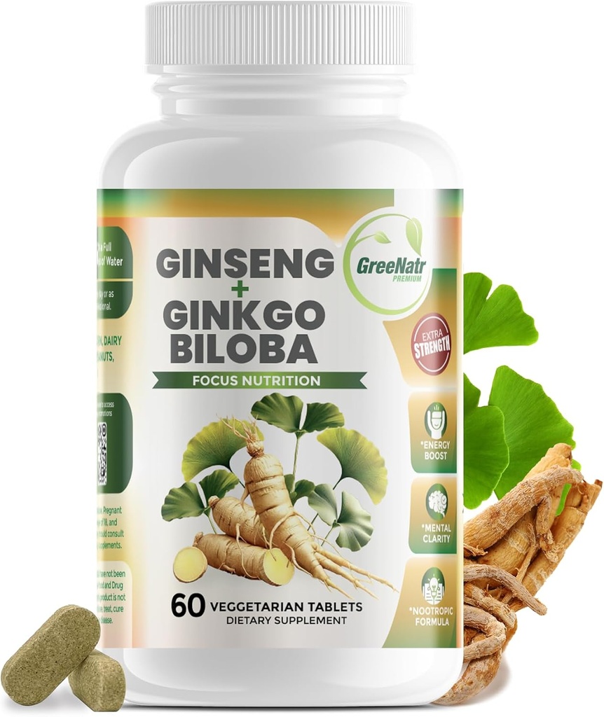 GreeNatr Ginko Biloba &amp; Panax Ginseng Supplement - Red Ginseng Brain Supplement for Memory and Focus - Ginkgo Biloba Supplements for Good Vision, Immune System and Improved Blood Flow - 60 Tablets