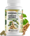GreeNatr Ginko Biloba &amp; Panax Ginseng Supplement - Red Ginseng Brain Supplement for Memory and Focus - Ginkgo Biloba Supplements for Good Vision, Immune System and Improved Blood Flow - 60 Tablets
