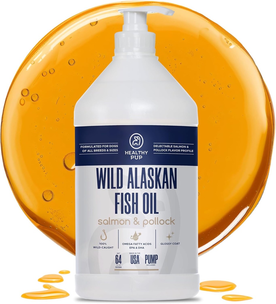 Salvaje Aceite de Salmón de Alaska para Perros con Pollock - 64 oz de Pollock y Aceite de Salmón, Omega 3, EPA, y DHA - Perros Skin y Coat Suplemento - Made in USA