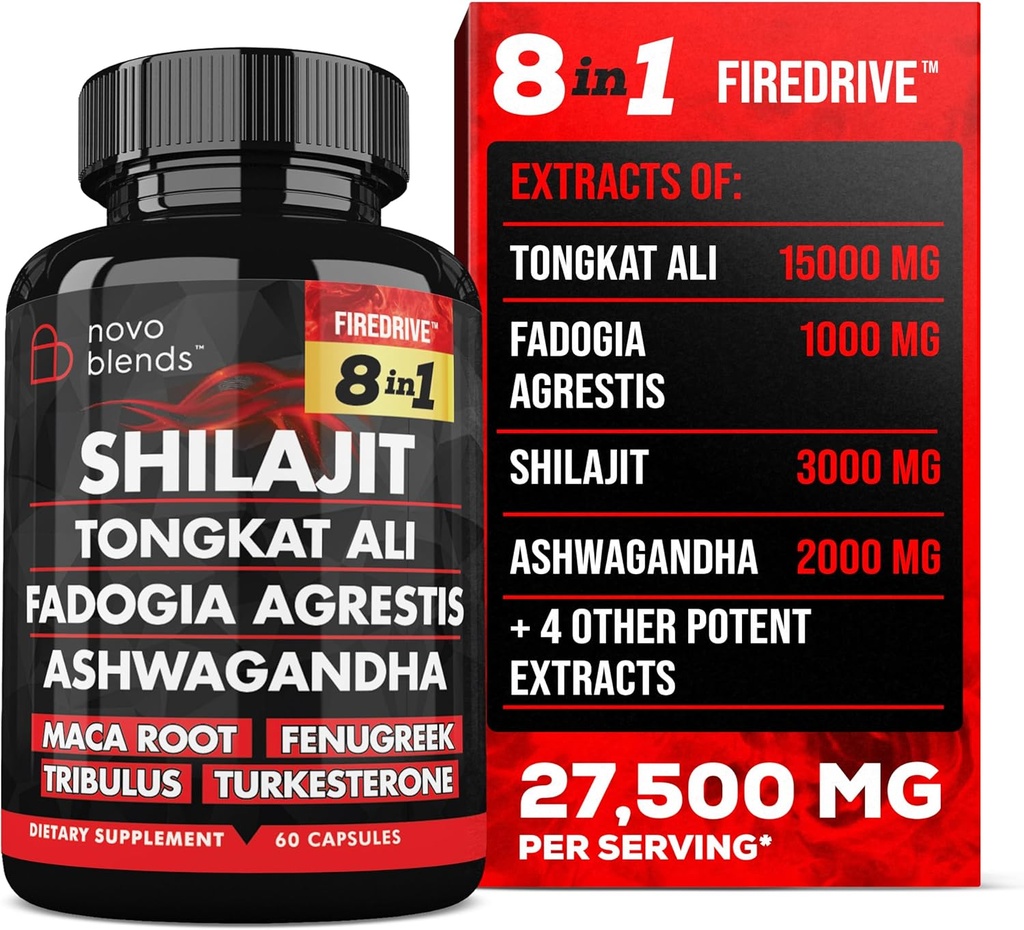 Shilajit 3000mg Tongkat Ali 15,000mg Fadogia Agrestis 1000mg Maca Root 2000mg Ashwagandha 4000mg Fenugreek 1500mg Tribulus Terrestris 500mg Turkesterone 500mg, 8-in-1 Suplemento Blend for Men