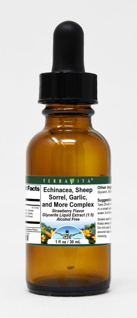 Terravita Echinacea, Sorrel de oveja, ajo y más complejo Glicérite Líquido Extracto (1:5) - Fresa Saborizada (1 oz, ZIN: 523692)
