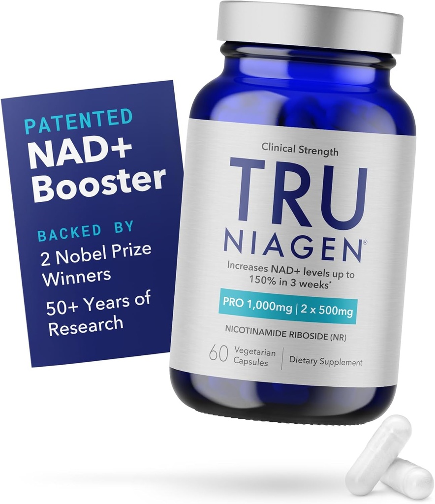 TRU NIAGEN PRO NAD+ Suplemento para el envejecimiento y la regeneración celular, 2 x 500mg Patented Niagen, 30 Servings ¦ Supports Cellular Energy ← Nicotinamide Riboside (NR) Suplementos diarios para hombres y mujeres