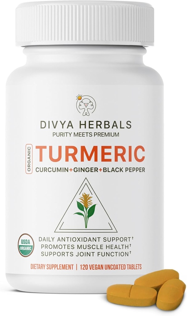 Turmeric orgánica " Ginger + Black Pepper - 100% Pure Whole Roots, Unprocessed, Uncoated, Authentic Ayurvedic Blend - Supports Joint Health & Immunity – 120 Vegan Tabs