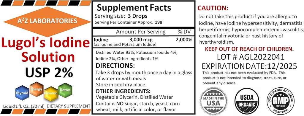 A2Z Ioduro de Lugol ecológico y Potasio 2% Solución 3000 mcg - Suplemento líquido gotas para soporte tiroideo para hombres, Metabolismo Salud, Detox Boost -1 Fl Oz/Made en EE.UU./Same Day Ship