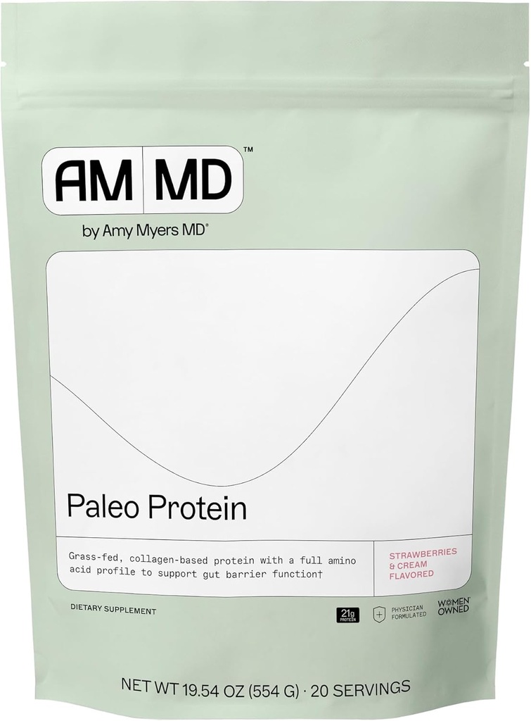 Amy Myers MD Paleo Protein Powder - Strawberries &amp; Cream, 20 Servings - Collagen-Based Gut Function Support - Gluten-Free &amp; Non-Dairy Protein Supplement