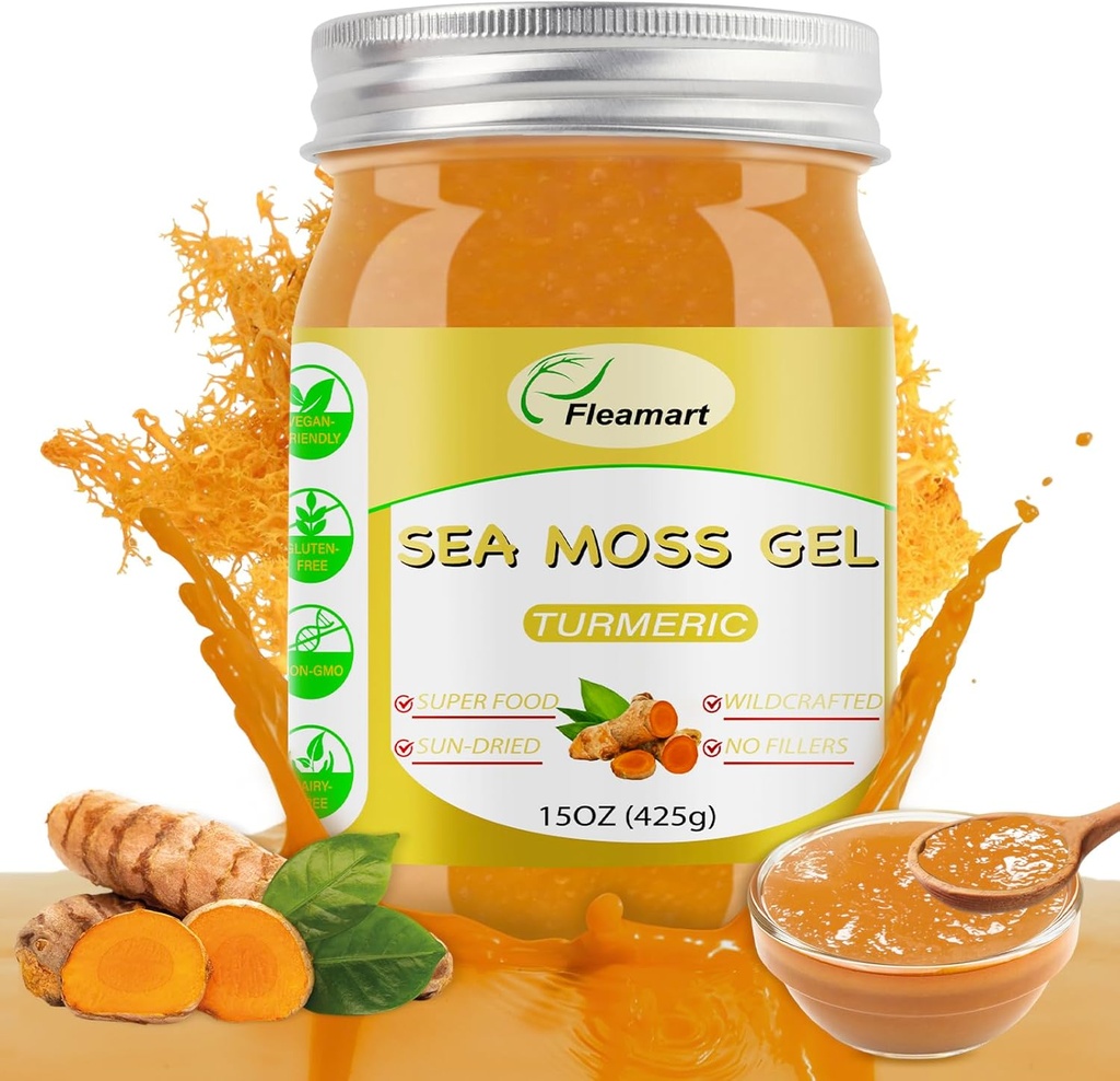 15OZ Natural Wildcrafted Raw Sea Moss Gel for Immune Support, Healthy Digestion, Thyroid Support Wildсrafted Gold Sea Moss Gel Rich in Minerals, Proteins & Vitamins, Turmeric Flavor