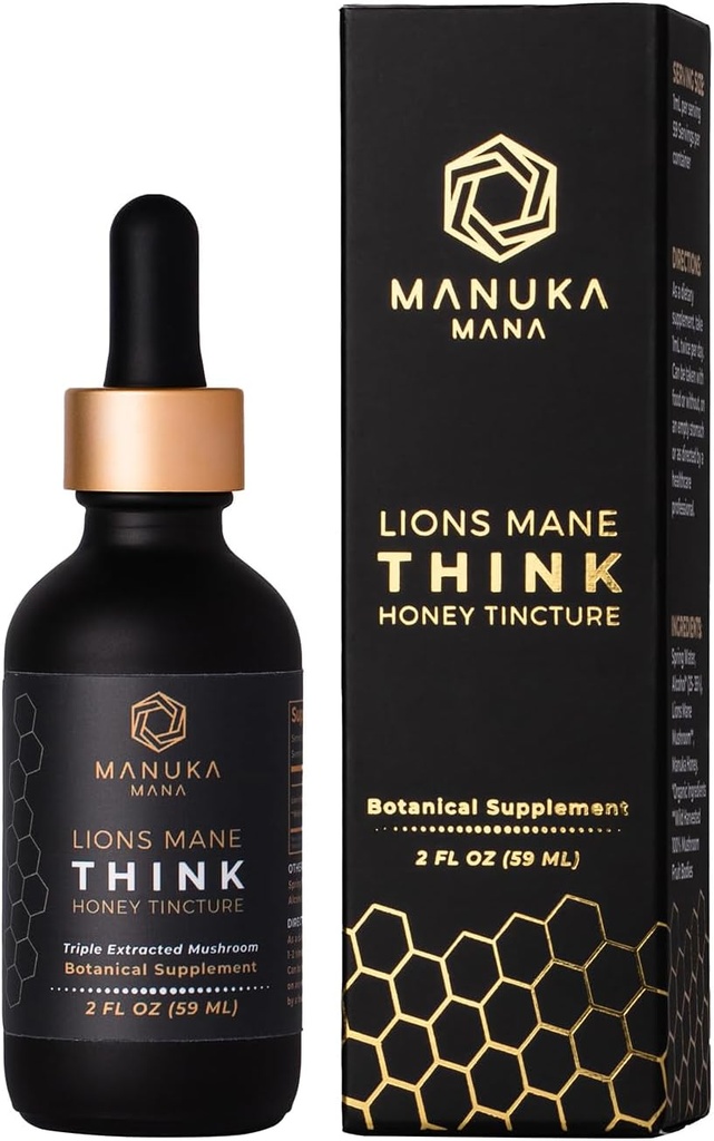 Lions Mane Think Honey Tincture USA Wild Harvested Lions Mane, Triple Tintura Extracted, Manuka Honey (MGO 150+), 100% Fruiting Body, 2 fl oz (60 Servings)