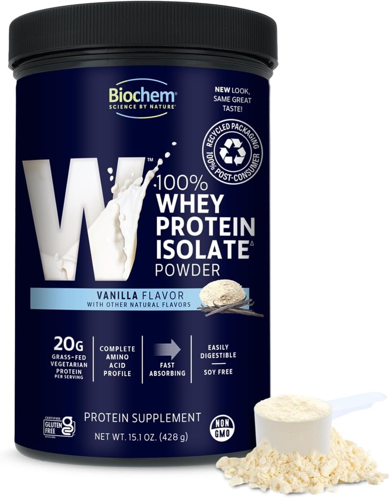 Biochem 100% Whey Isolate Protein - Vainilla Flavor - 15.1 Ounce - Apoya Immune Health - Fácilmente Digestible - Refreshing Taste - 20g Vegetarian Protein - Amino Acids