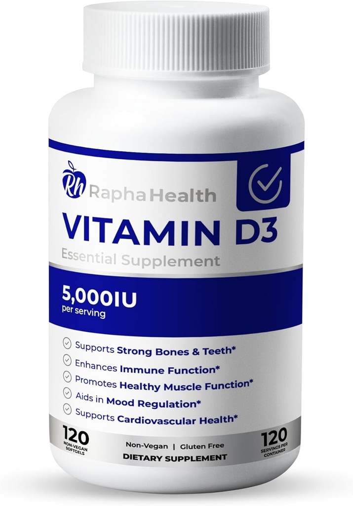 Vitamina D3 High Potency TEN 5000 UI para Immune, Bone y Cardiovascular Support TEN Enhances Mood and Muscle Function TEN 120 Softgels - 4 Month Supply