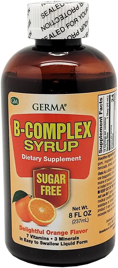 Germa B-Complex Syrup. Suplemento dietético. Bone Health, Growth and Development Aid. Sugar Free. Orange Flavor. 8 oz