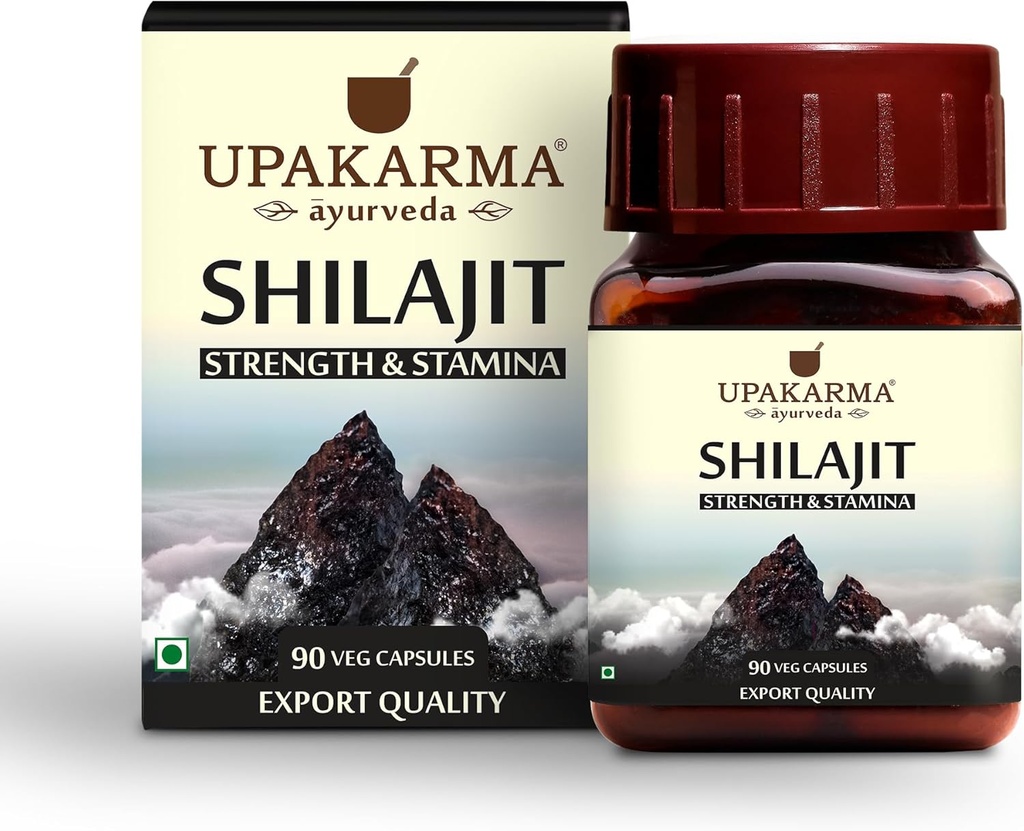 Upakarma Ayurveda 100% puro Shilajit 90 cápsulas para fuerza, resistencia, apoyo inmunológico, fuente natural de ácido fúlvico " Trace Minerals-1000 MG para 2 cápsulas (Dosis diaria), 45 días de suministro - paquete de 1