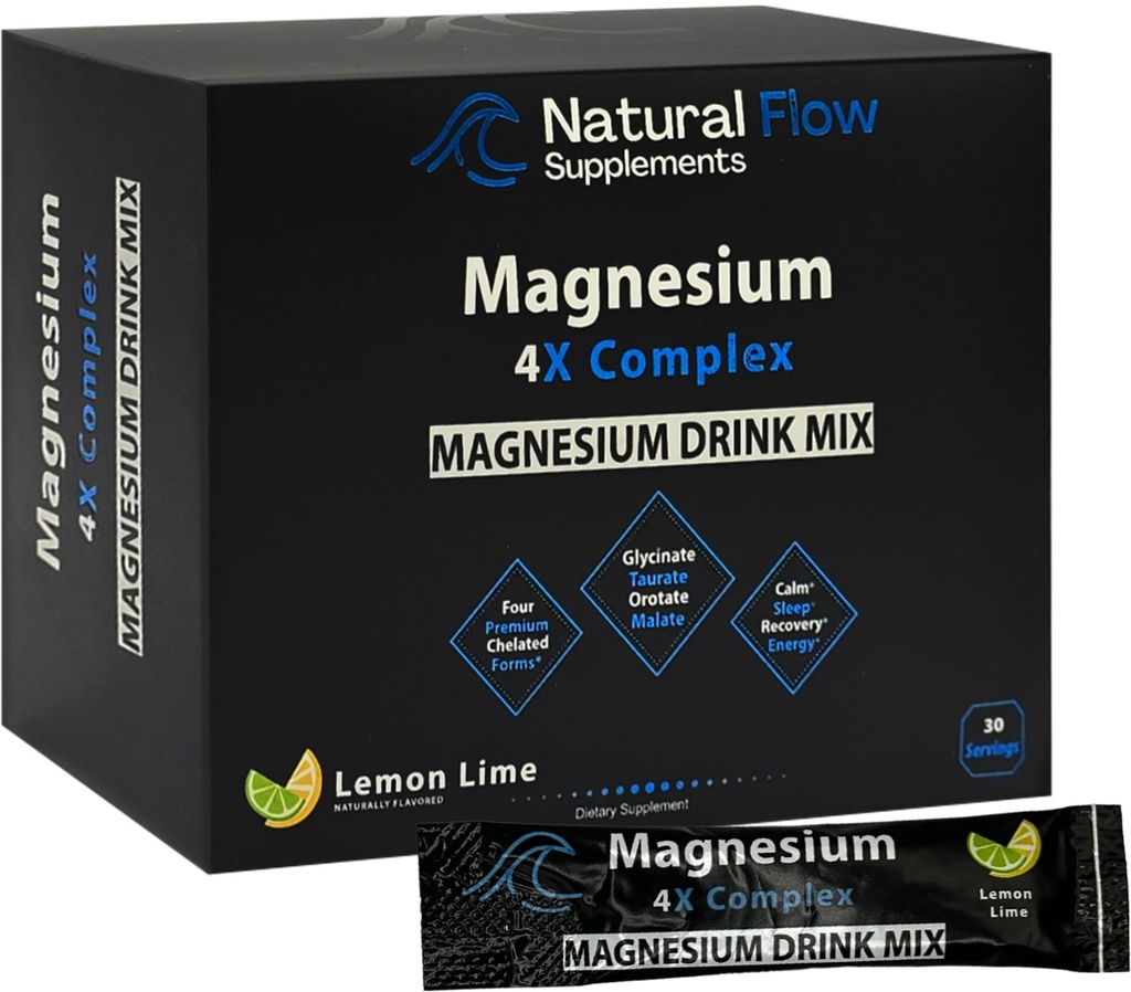 Magnesium Powder Drink Mix - Lemon/Lime - Natural Flow 4X Magnesium Glycinate, Taurate, Malate, Orotate Supplement, Calm Sleep and Cramp Support Blend, No Mag Citrate or Oxide, 30 Packs (Drink Mix)