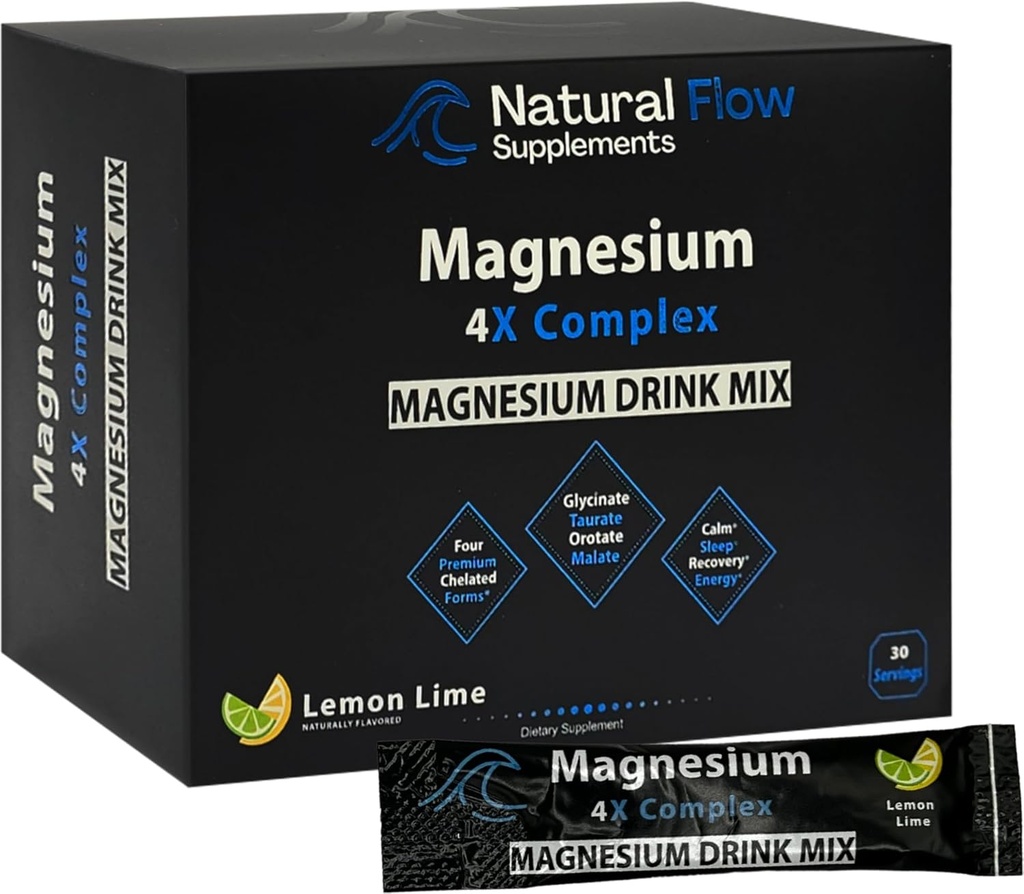 Magnesium Powder Drink Mix Packs - Lemon/Lime - Natural Flow 4X Magnesium Glycinate, Taurate, Malate, Orotate Supplement, Calm Sleep and Cramp Support Blend, No Mag Citrate or Oxide, 30 Stick Packs