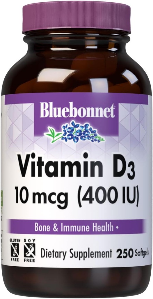 Bluebonnet Nutrition Vitamina D3 400 U Softgels, Ayudas en el músculo y el crecimiento esquelético, Cholecalciferol de Fish Oil, Non GMO, Gluten Free, Soy Free, Dairy Free, 250 Softgels