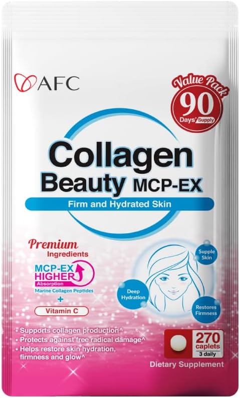 AFC Japón Collagen Beauty MCP-EX with Marine Collagen Peptide, 1.5X Mejor Absorción que otros Collagen, para Anti-Aging, Skin, Hair, Nails, Bone and Joints, para Hombres de Mujeres, 90 Days Supply