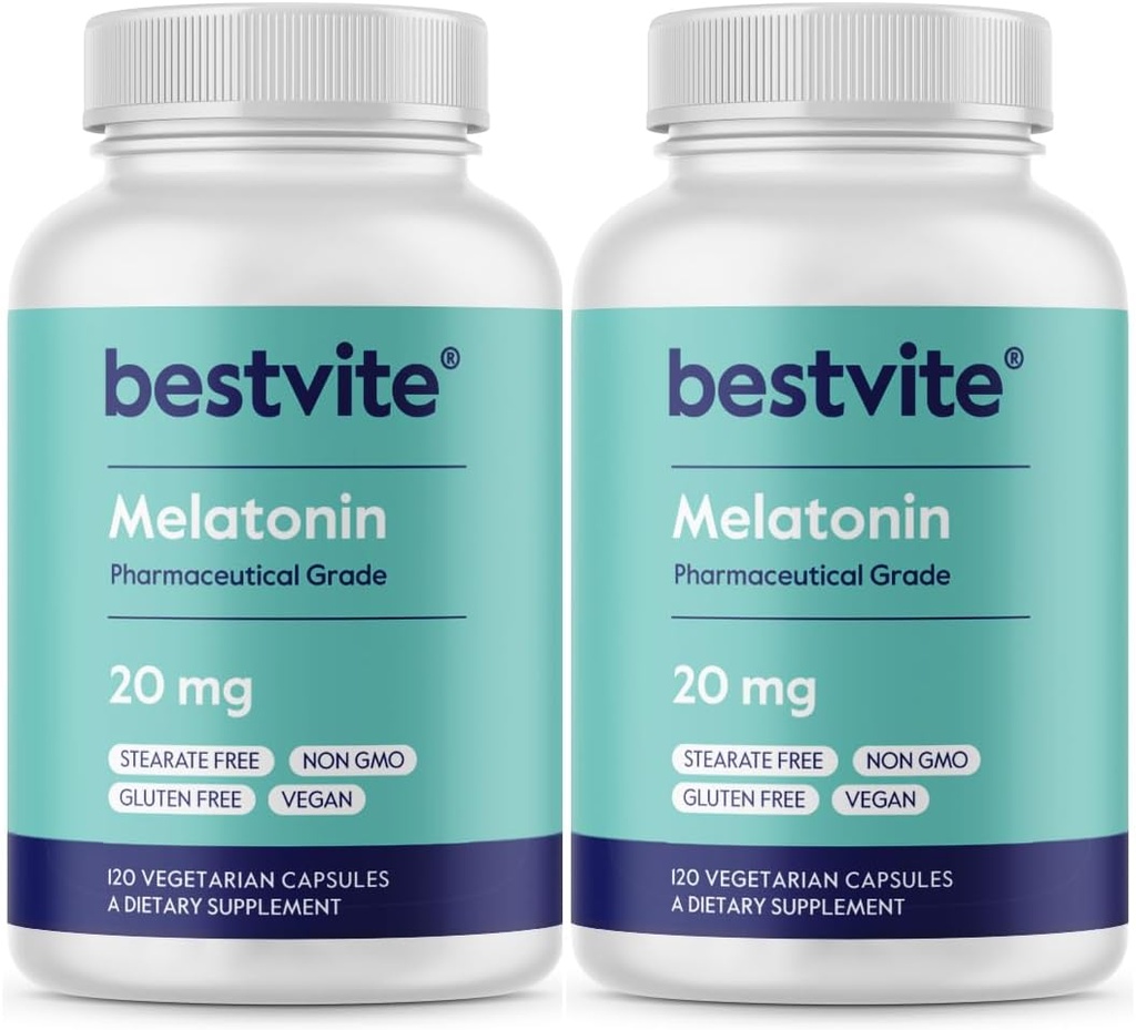 BESTVITE Melatonin 20mg (240 cápsulas vegetarianas) (120 x 2) - No Stearates - Vegan - No GMO - Gluten Gratis