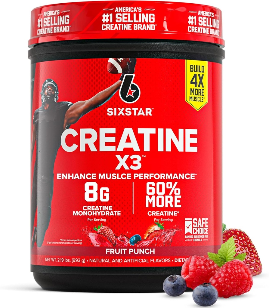 Powder de Monohidratos de 6 estrellas, X3 (Fruit Punch) - Cretina Saborada HCl Powder Monohydrate Suplemento para la construcción del músculo " Rendimiento - Post Workout Suplemento para Hombres " Mujeres - 30 Serviciones