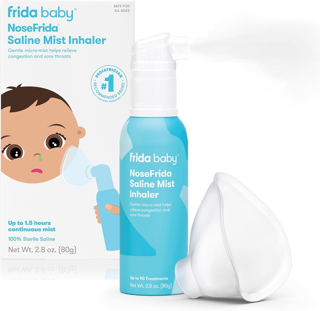 Frida Baby NoseFrida Saline Mist Nasal Inhaler, Decongestant Spray for Congestion " Alivio de la alergia para bebés + niños, Nasal Saline Spray, Soothes Stuffy Nose " Sore Throat, Incluye Mask