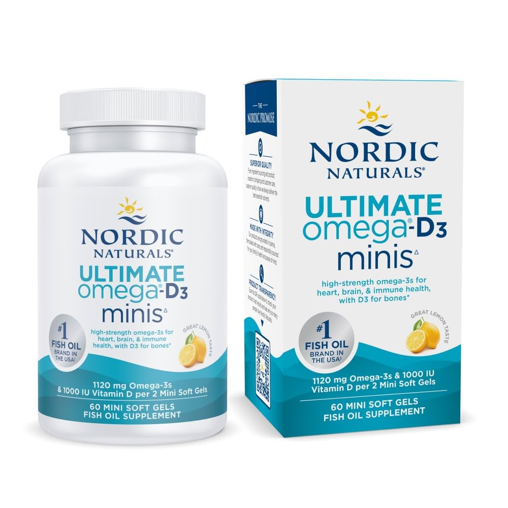 Nordic Naturals Ultimate Omega Mini D3, Lemon Flavor - 60 Mini Soft Gels - 1120 mg Omega-3 + 1000 IU Vitamina D3 - EPA & DHA - Promociona Brain & Heart Health - 30 Serviciones