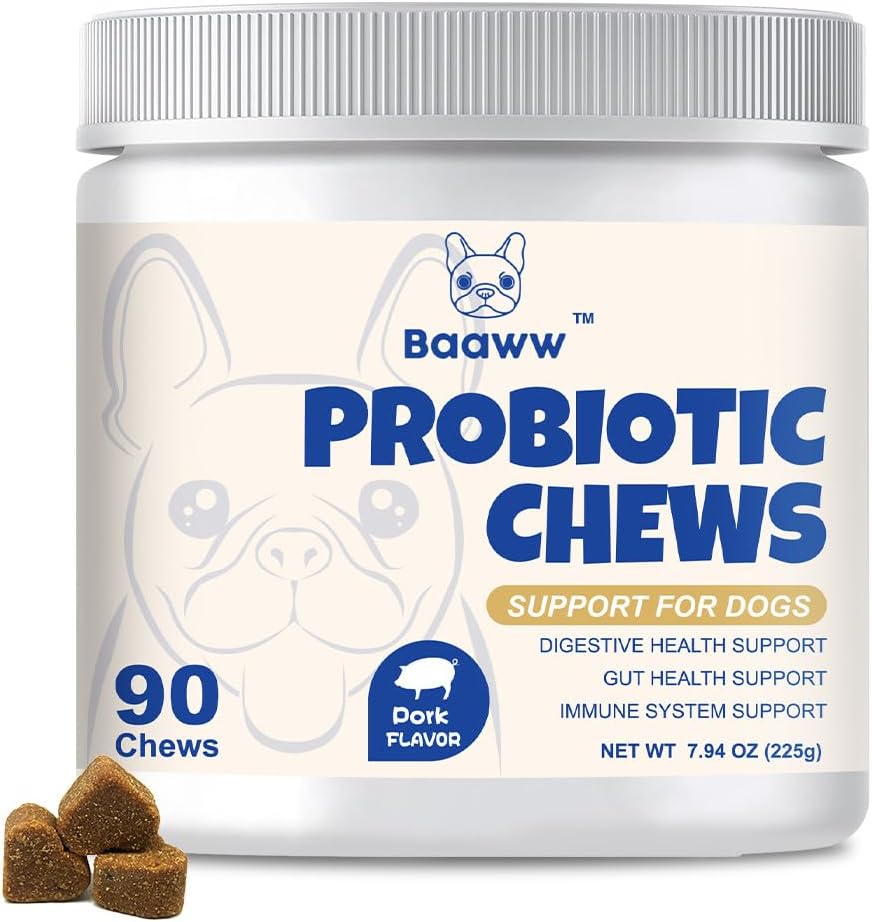 Probióticos para perros - Mejorar la picazón de la piel, los oídos, el equilibrio de la levadura, las alergias, la inmunidad de salud, la salud del perro, la salud digestiva con prebióticos, los perros probióticos, reducir la diarrea, 90 chews (Pork)
