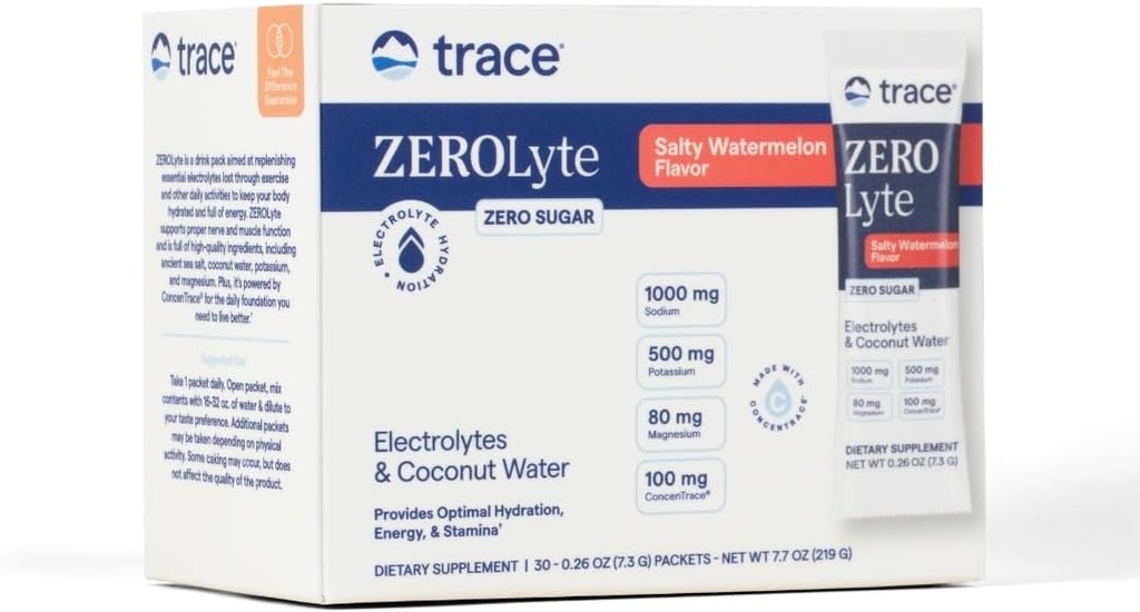 Trace Minerals ZeroLyte - Sodium & Electrolyte Replenishment - Energía " Hydration Support Drink Powder - Nerve &amp; Muscle Function Support - Salty Watermelon, 30 Packets (30 Servings)