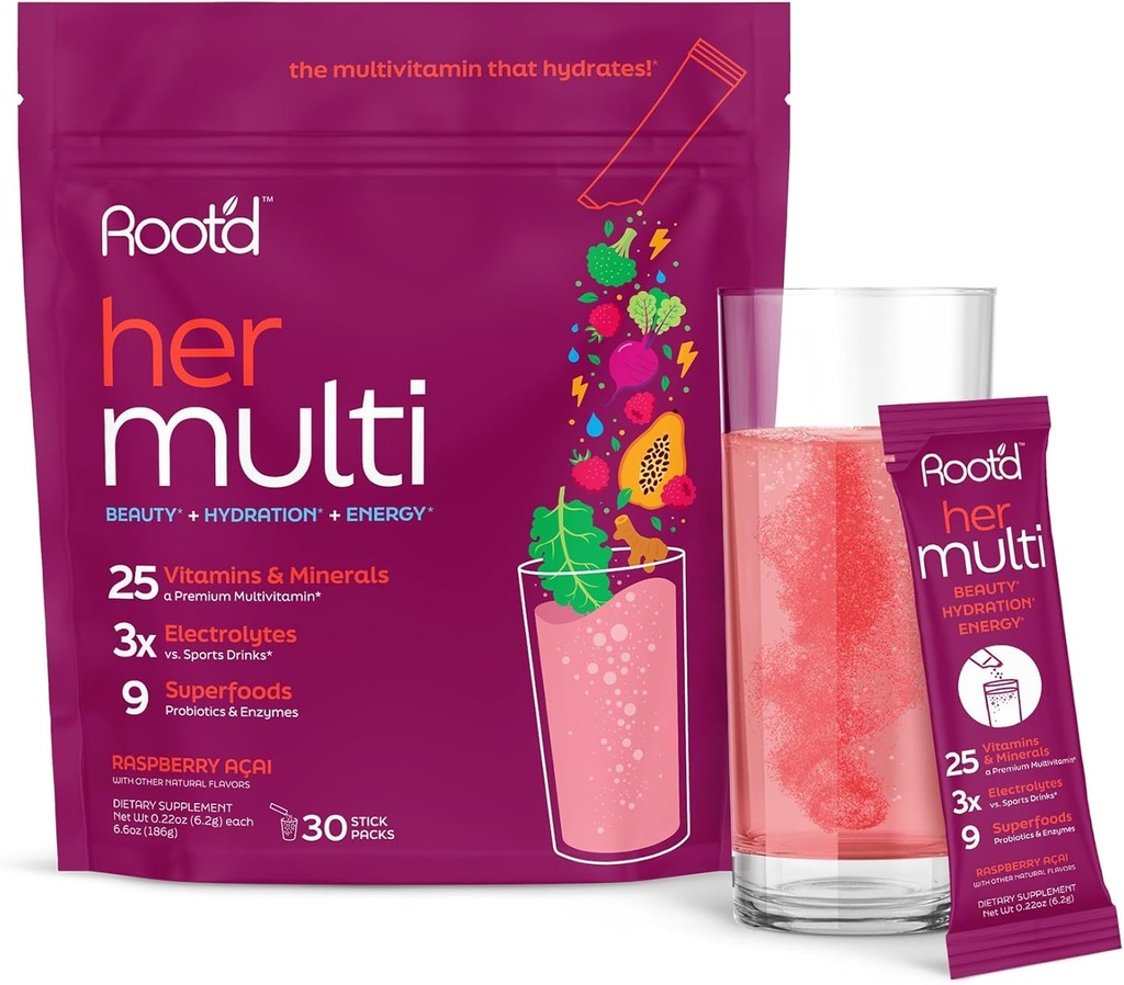 Polvo multivitamínico Root para mujeres - 25 vitaminas " minerales con electrolitos 3X, 9 superalimentos orgánicos, probióticos " enzimas, multivitamínico libre de azúcar " hidratación
