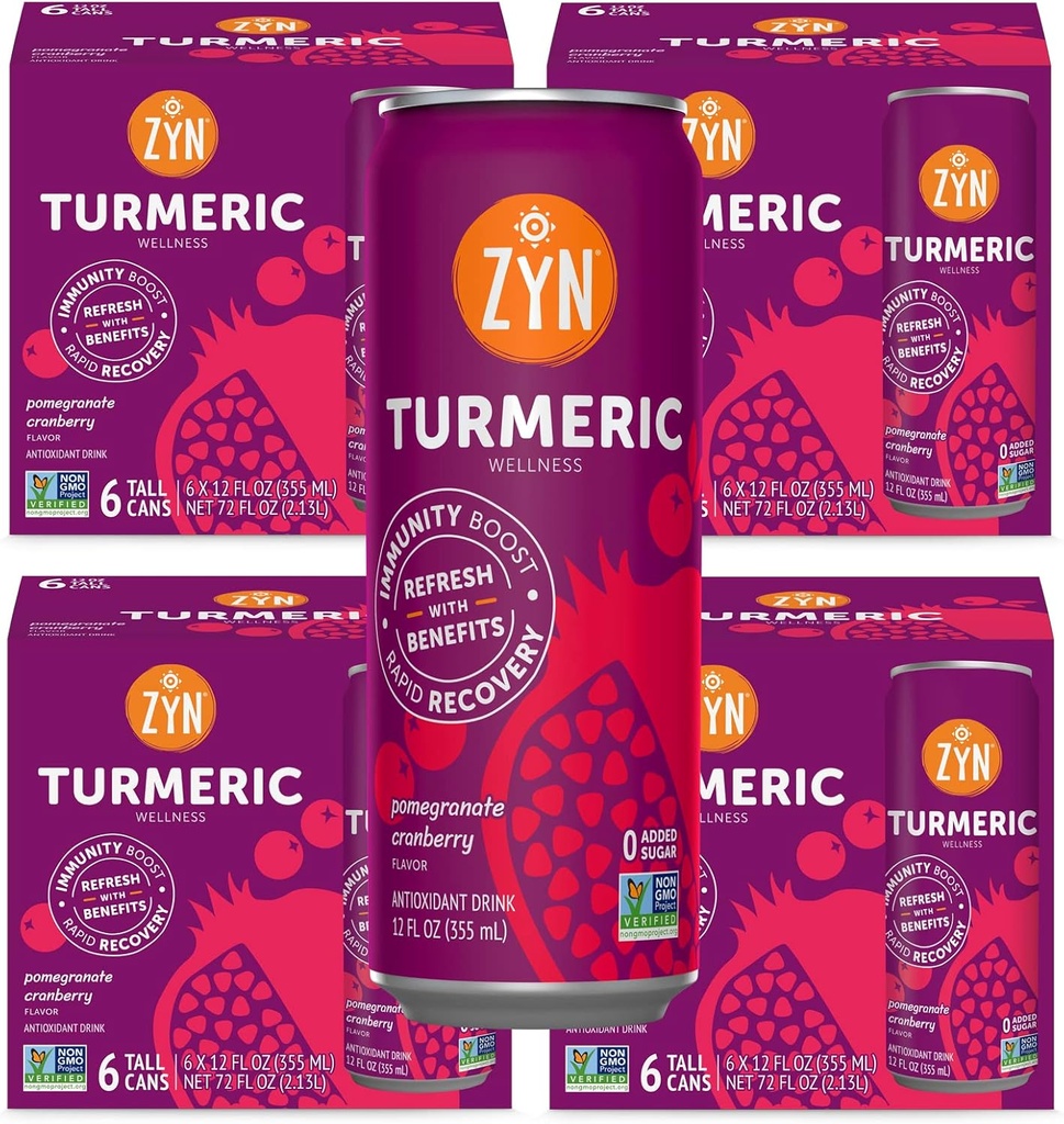 ZYN Turmeric Wellness Drink (24 Pack), Pomegranate Cranberry Flavored Turmeric Curcumin Drink with Black Pepper, No Añadido Sugar, Low Carb & Low Calorie Drink, Clean Alternative